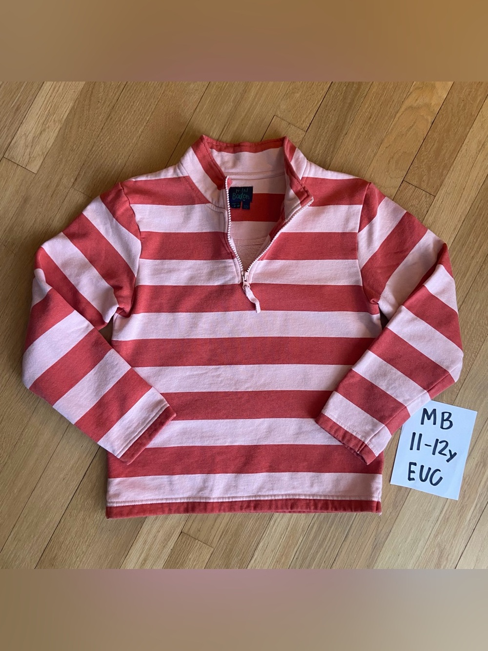 Mini Boden. Size 11-12. Kids' Long Sleeve Half-Zip Stripe Top Coral & Light Pink